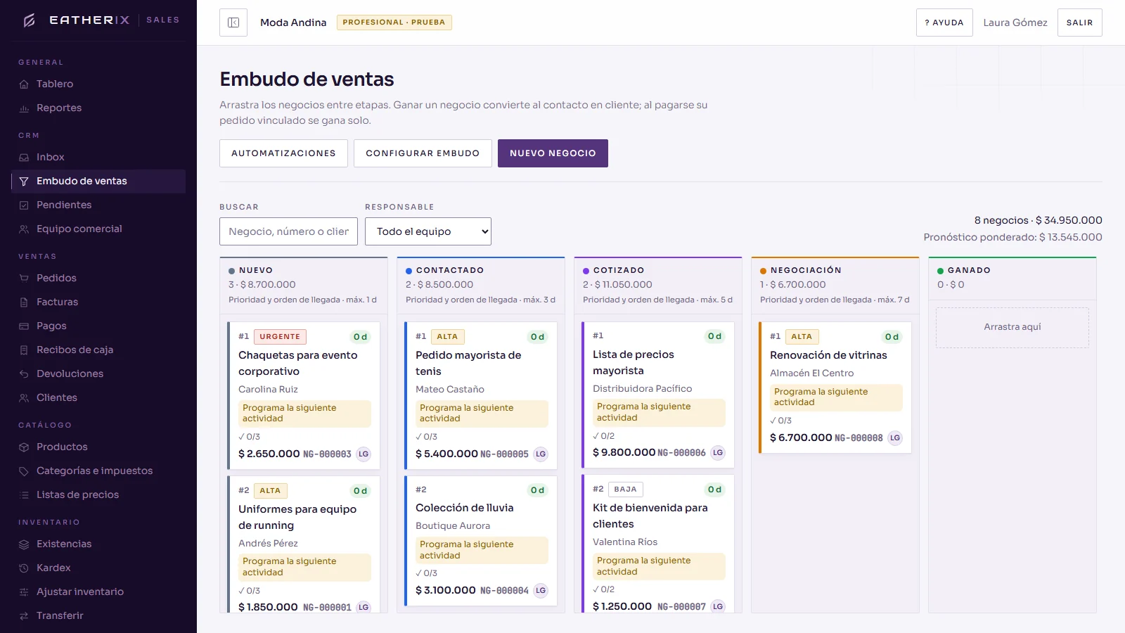 Embudo de ventas de EATHERIX Sales con negocios por etapa, prioridad y guía de atención